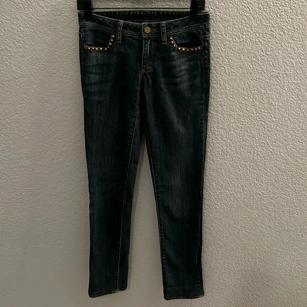 TORY BURCH Dark Wash Gold Logo Hardware Low Rise Super Skinny Jeans SIZE 25
